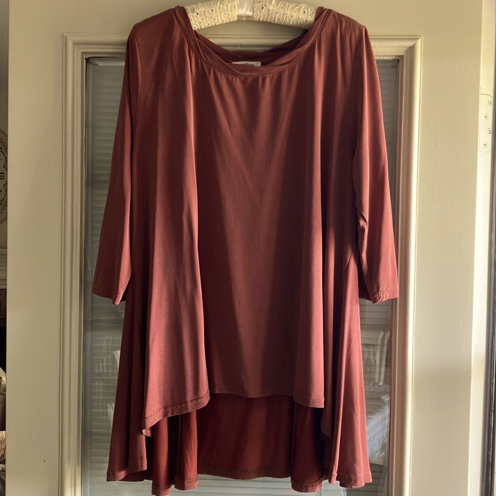 Eloquii Brown and Orange Asymmetrical 3/4 Sleeve Tunic